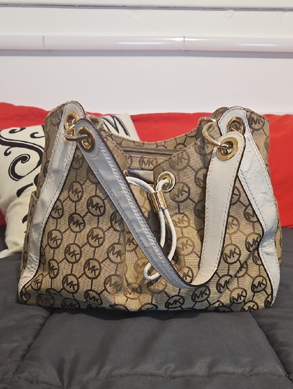 Michael Kors Brown Monogram Logo-Print Shoulder Bag with White Trim‎ Leather